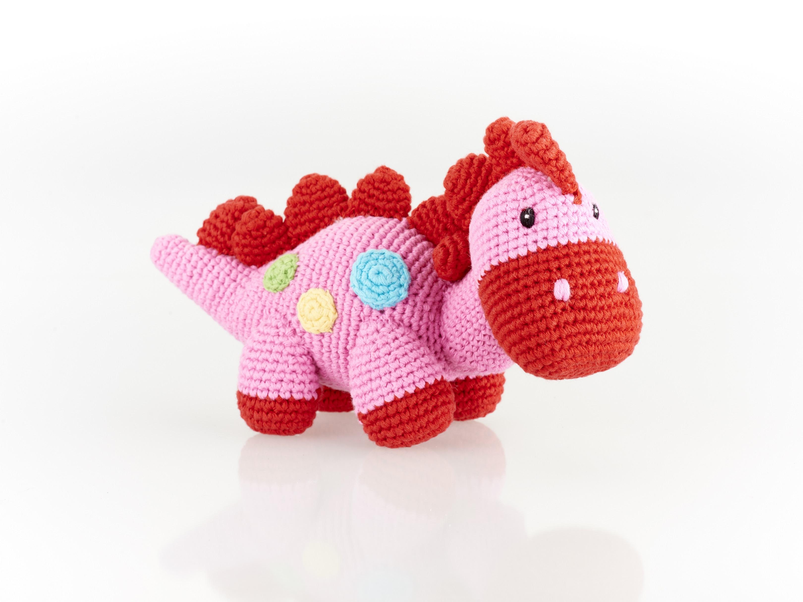 Pebble Child Pink Cotton Crochet Dinosaur Baby Rattle, Sensory Toy